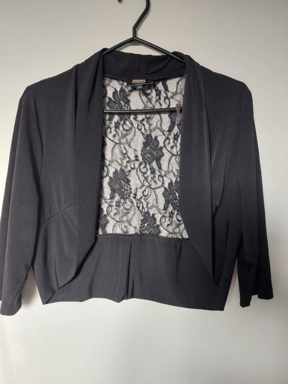 Lori Michaels Size L Black Lace Bolero Shrug Floral draped waterfall front